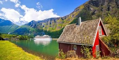A cruise ship docks in the gorgeous town of Flam, Norway.