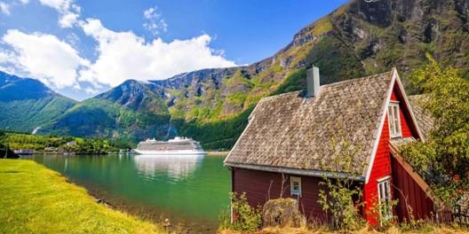 A cruise ship docks in the gorgeous town of Flam, Norway.