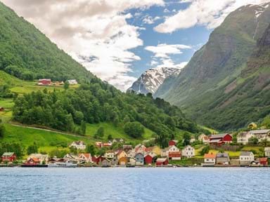Beautiful, traditional Norwegian houses near the sea in Sognefjord, Norway.