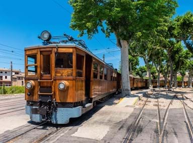 Historic electric train at Soller Trainstation, Mallorca, Balearic Islands, Spain. It operates between the capital Palma de Mallorca and Soller and is an important tourist attraction nowadays.