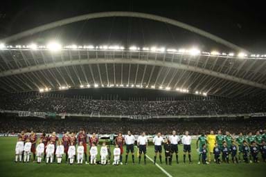 The teams and the fans before the UEFA Champions League group stage match Panathinaikos vs Barcelona in Athens, Greece.