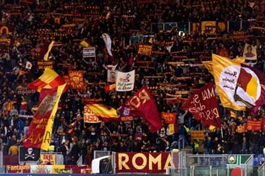 The excited supporters of AS Roma at the Stadio Olimpico in Rome.