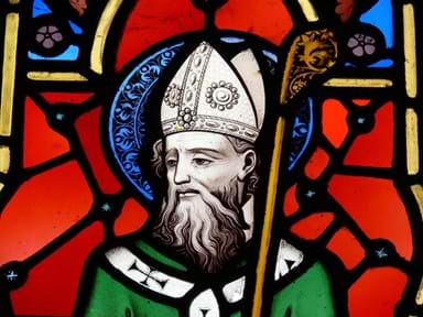 St. Patrick depicted in a stained glass window