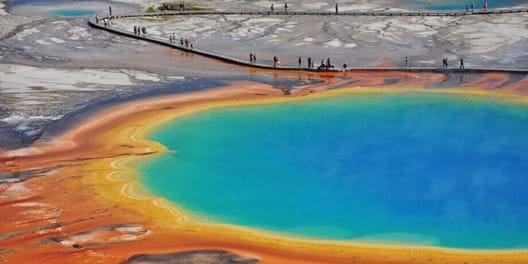 The vibrant and stunning Grand Prismatic Spring at Yellowstone National Park
